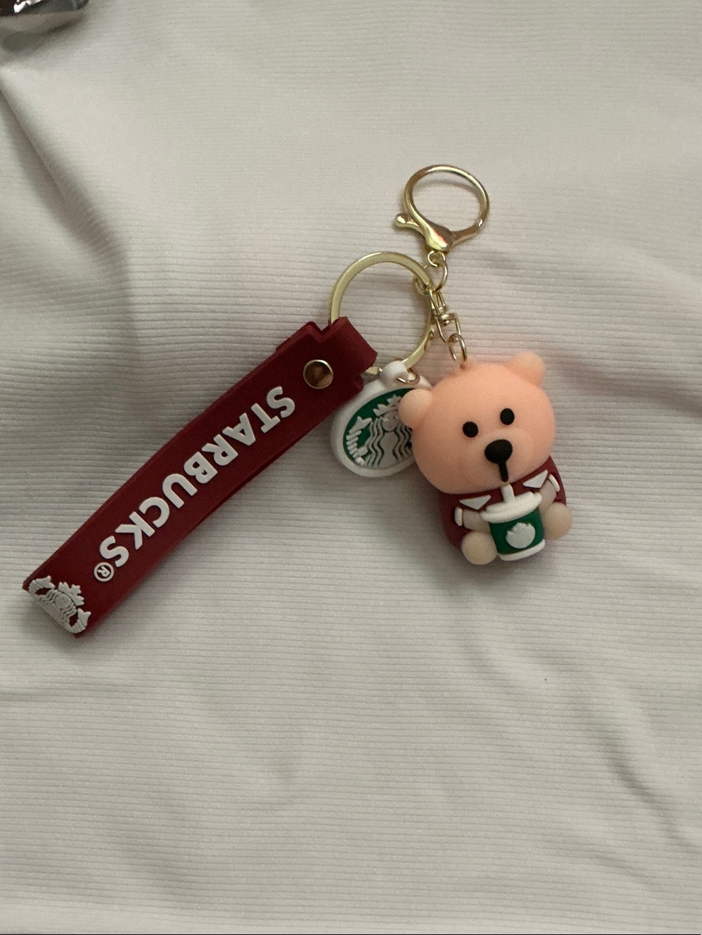 Bearista Keychain With A Miniature Bear Holding a Coffee Cup with brown Strap